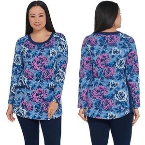 DENIM & Co. Blue and pink floral Printed French Terry Long-Sleeve Tunic